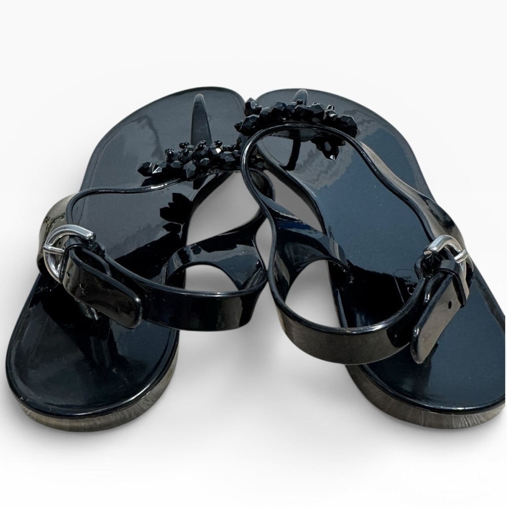 Coach Hilda Black Jelly Sandals Floral Beaded Accent Womens US 8 Summer Flats - Picture 4 of 9